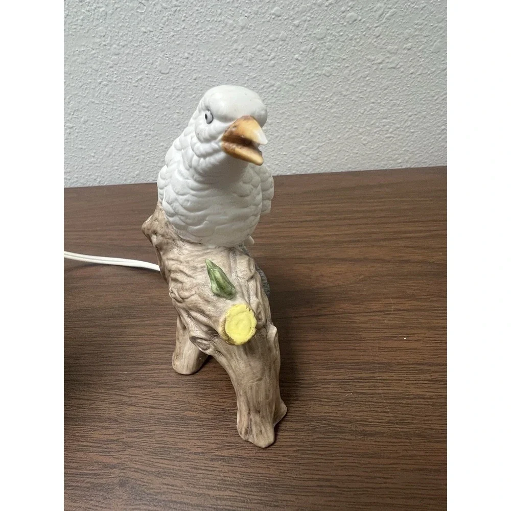 Ceramic Vintage White Bird‎ Perched On Branch Figurine With Light Bulb And Cord